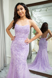 Lilac Mermaid Spaghetti Straps Long Prom Dress with Appliques