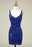 Classy Royal Blue Sheath V Neck Sequin Fitted Short Homecoming Dress