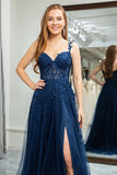 Navy A Line Spaghetti Straps Corset Tulle Long Prom Dress with Appliques