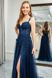 Navy A Line Spaghetti Straps Corset Tulle Long Prom Dress with Appliques