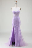 Mermaid Sweetheart Lace Corset Long Light Purple Prom Dress with Slit