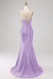Stunning Fuchsia Mermaid Spaghetti Straps Corset Prom Dress with Split Front
