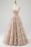Champagne Princess A-Line Square Neck Corset Long Prom Dress with Embroidery