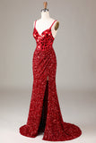 Sheath Spaghetti Straps Sparkly Sequins Red Prom Dress with Split Front