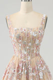 Champagne Princess A-Line Square Neck Corset Long Prom Dress with Embroidery
