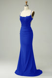 Royal Blue Mermaid Halter Long Prom Dress with Appliques Beading