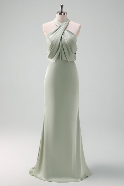 Wedtrend Women Dusty Sage Long Bridesmaid Dress Sheath Halter Ruched Satin  Maxi Wedding Party Dress – WEDTREND