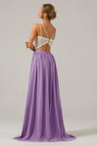 A-Line Spaghetti Straps Pleated Long Bridesmaid Dress With Lace