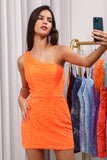 Orange Sequins One Shoulder Tight Beading Short Homecoming Dress