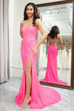 Sparkly Pink Mermaid Spaghetti Straps Sequins Long Prom Dress With Slit