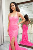 Sparkly Pink Mermaid Spaghetti Straps Sequins Long Prom Dress With Slit