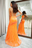 Sparkly Orange Mermaid Spaghetti Straps Sequins Prom Dress With Slit