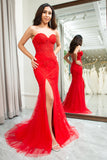Red Mermaid Sweetheart Lace Corset Long Prom Dress with Slit