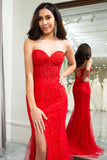Red Mermaid Sweetheart Lace Corset Long Prom Dress with Slit
