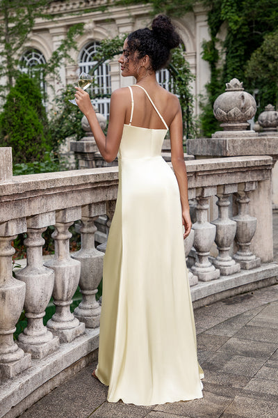 Wedtrend Women Champagne Bridesmaid Dress With Slit Sheath One Shoulder Pleated Wedding Party Dress, satin color / US16