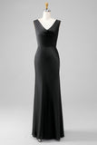 Black Sheath V Neck Sleeveless Floor Length Satin Bridesmaid Dress