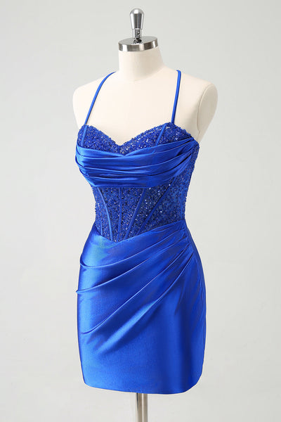 Dreamyannie Blue Satin Homecoming Dresses Corset Short Tight Cocktail Dresses With Lace