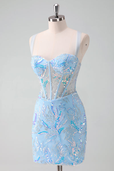 Sparkly Blue Tight Sequins Spaghetti Straps Homecoming Dress