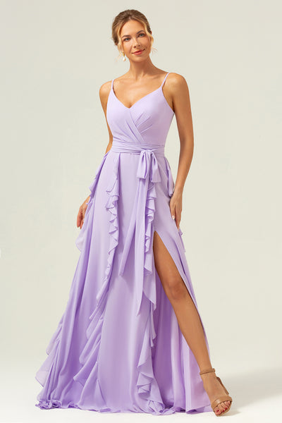 Wedtrend Women Lilac Ruffle Bridesmaid Dress A Line Ruched Chiffon Spaghetti Straps Maxi Dress with Slit, Purple / US4