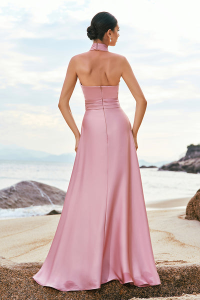 Wedtrend Women Pink Bridesmaid Dress with Slit A-Line Halter Pleated Satin Backless Long Wedding Party Dress – WEDTREND