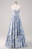 Sparkly Cute Ball Gown Sweetheart Brocade Corset Satin Maxi Blue Prom Dress