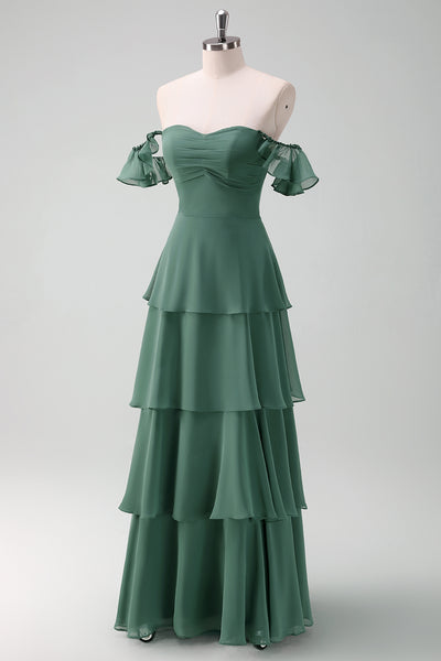 Eucalyptus A Line V Neck Corset Tiered Satin Long Bridesmaid Dress with Slit main image 0