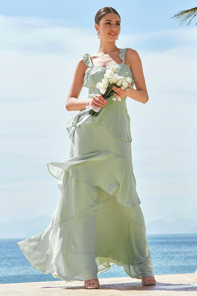 Wedtrend Women Light Green Bridesmaid Dress A-Line Square Neck Chiffon Tiered Long Wedding Guest Dress, Chiffon Color / US2