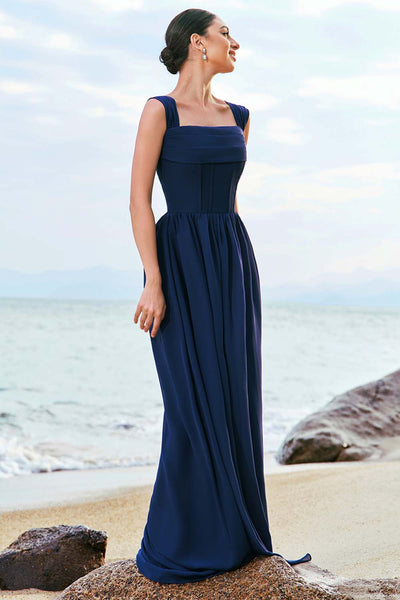 Wedtrend Women Dark Blue Long Bridesmaid Dress A-Line Square Neck Corset Lace Up Back Chiffon Wedding Guest Dress, Dark Blue / US14