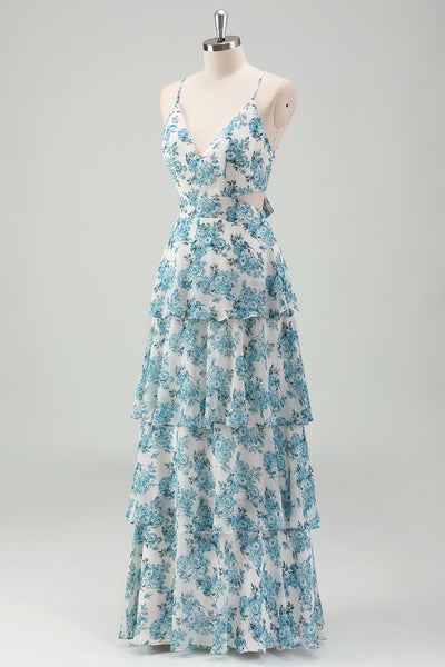 Wedtrend Women White Blue Flower Bridesmaid Dress with Lace Up Back A