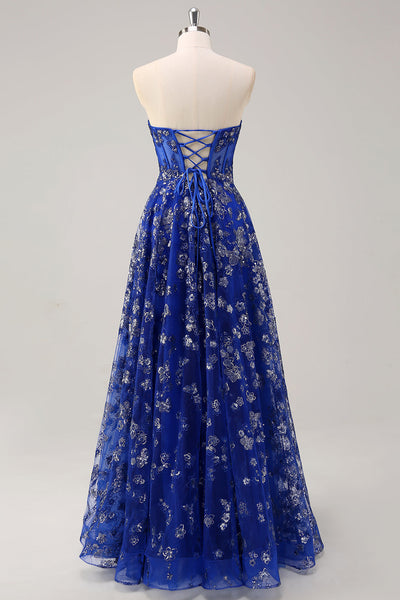 WEDTREND Women Strapless Royal Blue Prom Dress with Slit A-Line Appliques Corset Long Formal Evening Dress WEDTREND Women Strapless Royal Blue Prom Dress with Slit A-Line Appliques Corset Long Formal Evening Dress