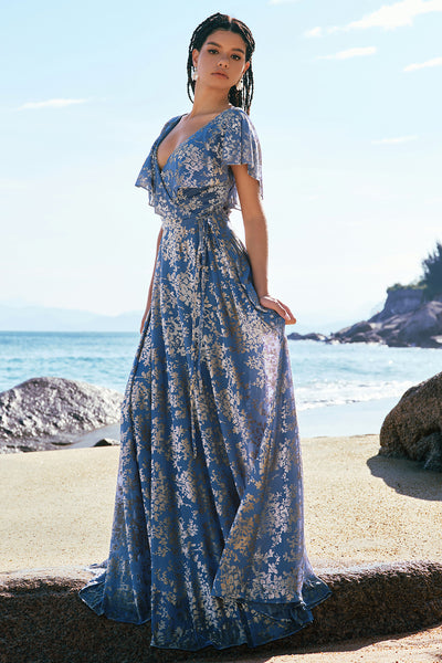 Wedtrend Women Grey Blue Bridesmaid Dress with Cape Sleeves A Line V Neck  Burnout Velvet Long Prom Dress  WEDTREND