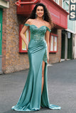 Grey Green Mermaid Off the Shoulder Appliqued Long Prom Dress with Slit