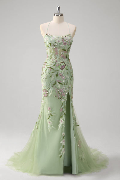 slim fit dress slacks Wedtrend Women Sparkly Green Embroidered Prom Dress with Slit Mermaid Halter Corset Sequin Long Evening Party Dress, Green / US20W
