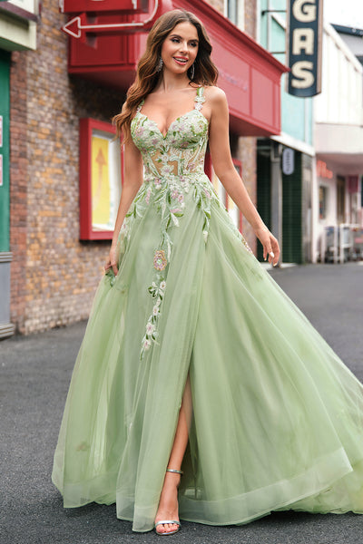 green emerald velvet dress Wedtrend Women Green Long Prom Dress with Slit Tulle A Line Sparkly Sequin Corset Embroidered Evening Party Dress, Green / US18W