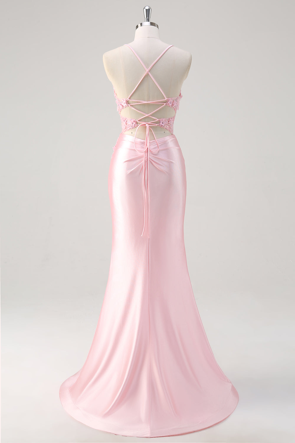 Pink Mermaid Spaghetti Straps Corset Floral Ruched Beaded Prom Dress with Slit