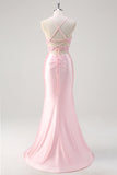Pink Mermaid Spaghetti Straps Corset Floral Ruched Beaded Prom Dress with Slit