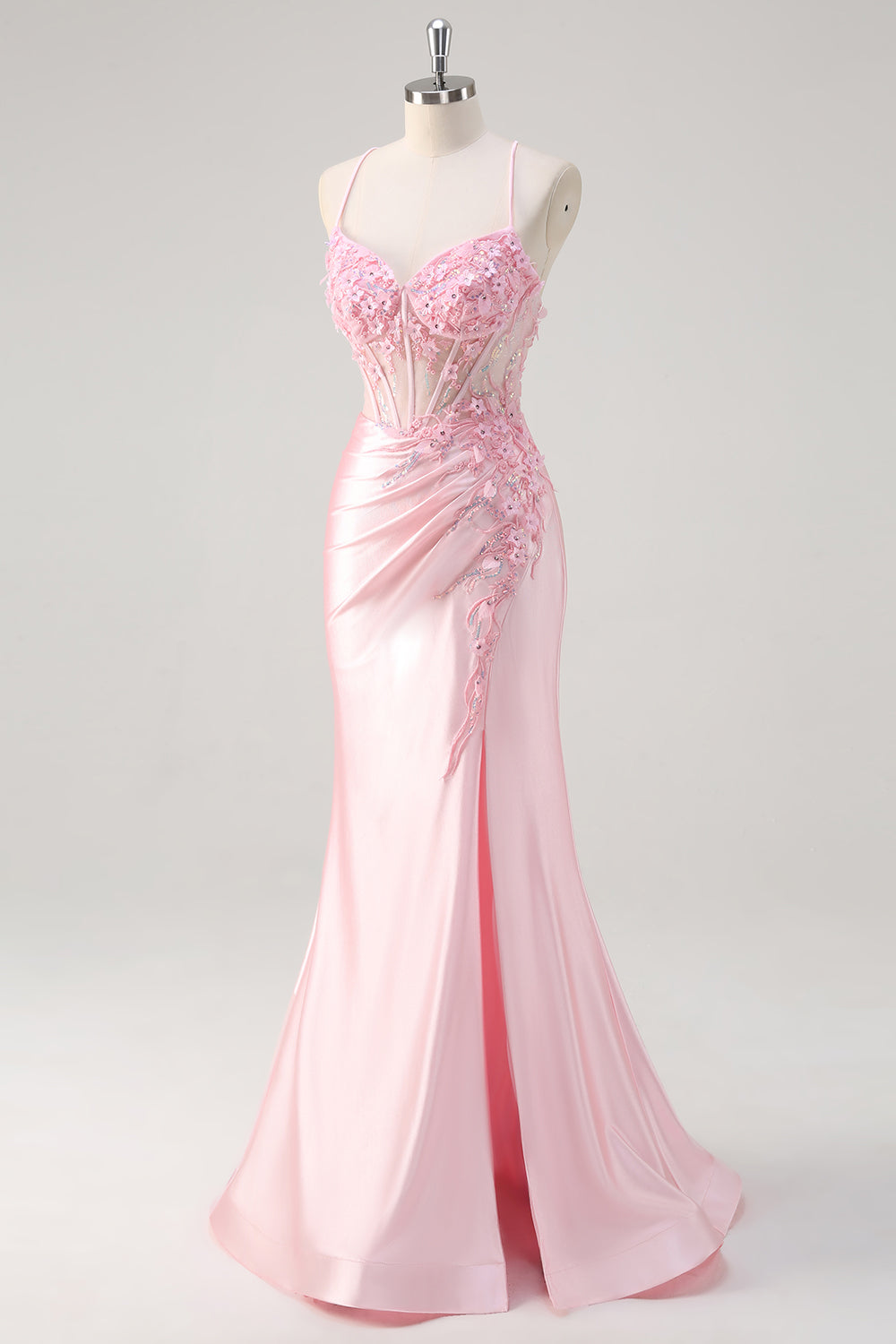 Pink Mermaid Spaghetti Straps Corset Floral Ruched Beaded Prom Dress with Slit