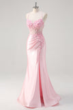 Pink Mermaid Spaghetti Straps Corset Floral Ruched Beaded Prom Dress with Slit