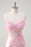 Pink Mermaid Spaghetti Straps Corset Floral Ruched Beaded Prom Dress with Slit