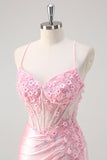 Pink Mermaid Spaghetti Straps Corset Floral Ruched Beaded Prom Dress with Slit