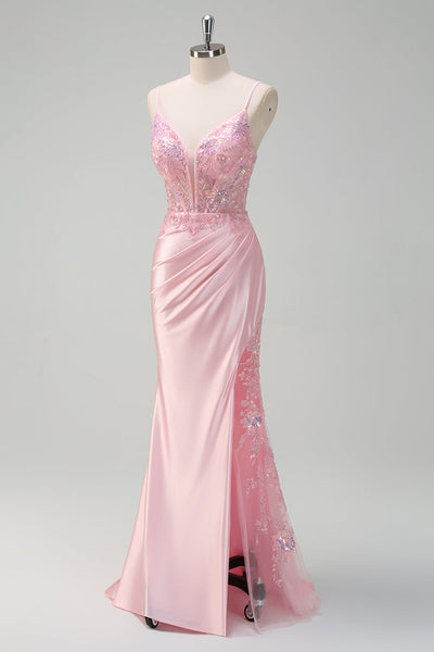 WEDTREND Women Sparkly Light Pink Corset Prom Dress with Slit Mermaid