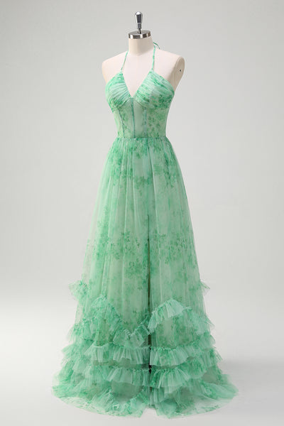 WEDTREND Women Green Floral Bridesmaid Dress with Slit Floor Length A ...