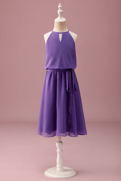 Wedtrend Women Purple Junior Bridesmaid Dress with Belt Halter Keyhole A Line Chiffon Short Wedding Guest Dress, Purple / J10