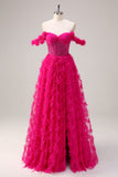 Fuchsia Off The Shoulder A-Line Ruched Tiered Corset Beaded Prom Dress with Slit
