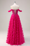 Fuchsia Off The Shoulder A-Line Ruched Tiered Corset Beaded Prom Dress with Slit