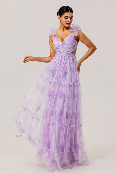 lavender bridesmaid dress Wedtrend Women with Lace Up Back A Line V Neck Print Pleated Cut Out Prom Dress, Lavender Flower / US6 Neck:16.5 Order fabric swatches to dark color dress Baby Blue Strappy Midi