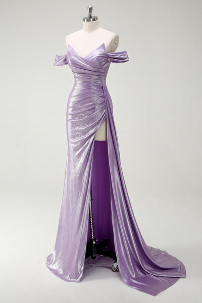 Lilac Sheath One Shoulder Pleated Sparkly Evening Formal Gown with Side Slit
