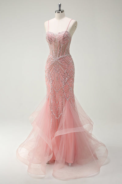 Pink Chiffon Cascading Ruffle Condole Belt Pleated Draped Mermaid V Neck With Short Sleeves.