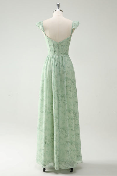 Wedtrend Women Green Flower Bridesmaid Dress with Split Front A Line Ruffled Straps Corset Long Wedding Party Dress, Green Flower / US16