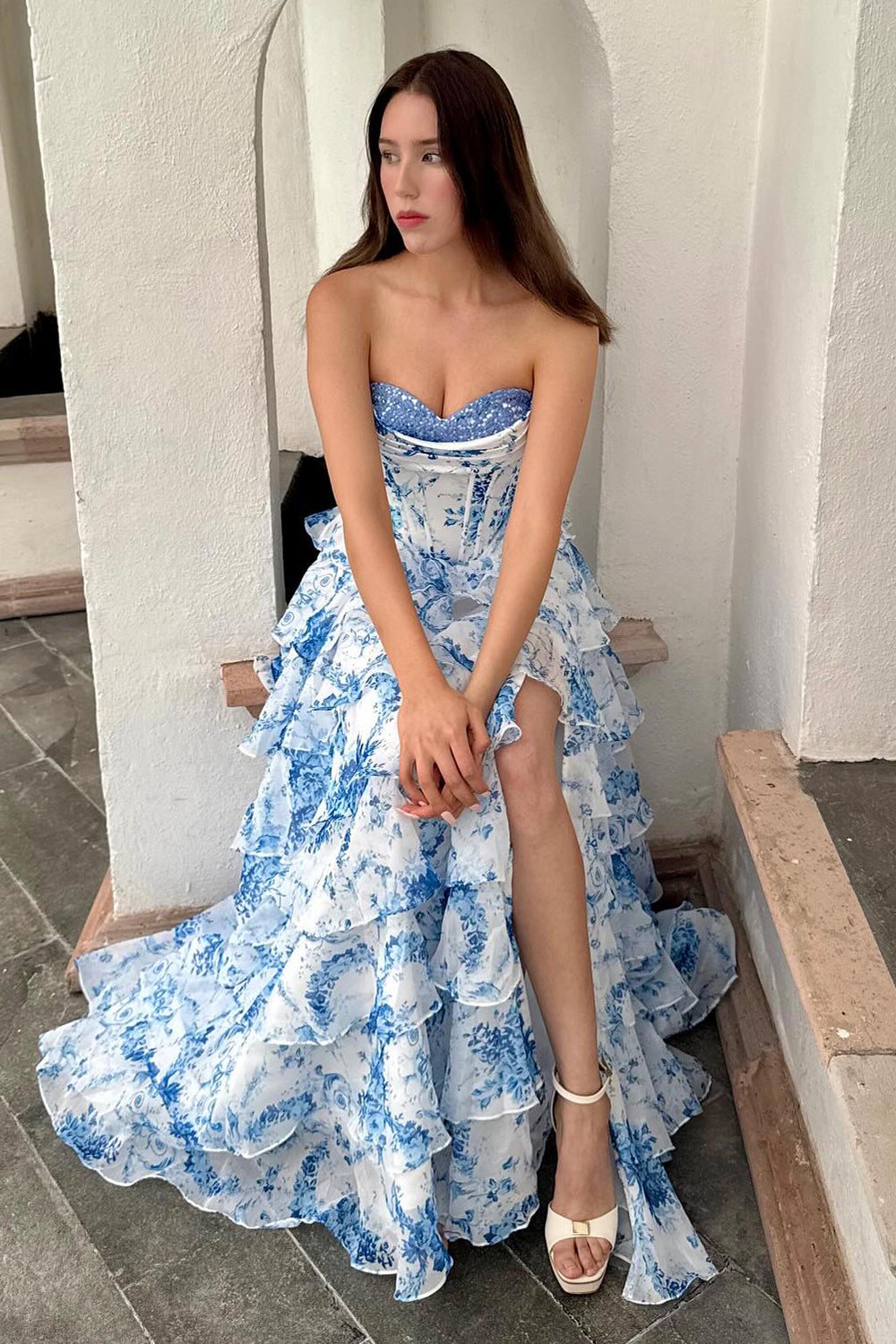 Blue A Line Strapless Print Tiered Corset Long Prom Dress with Slit